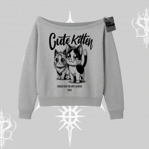 Cute Kitten Yazılı Sevimli Kedi Baskılı Kayık Yaka Sweatshirt