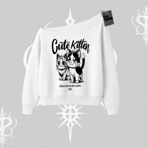 Cute Kitten Yazılı Sevimli Kedi Baskılı Kayık Yaka Sweatshirt