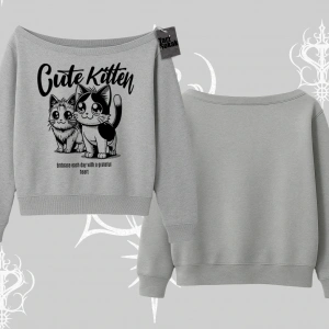 Cute Kitten Yazılı Sevimli Kedi Baskılı Kayık Yaka Sweatshirt