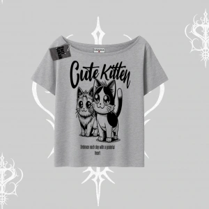 Cute Kitten Yazılı Sevimli Kedi Baskılı Kayık Yaka Tshirt