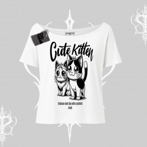 Cute Kitten Yazılı Sevimli Kedi Baskılı Kayık Yaka Tshirt