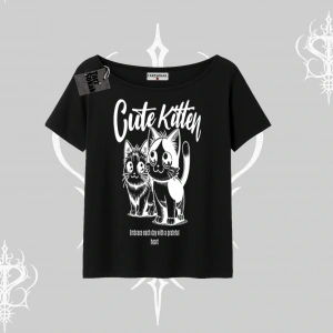 Cute Kitten Yazılı Sevimli Kedi Baskılı Kayık Yaka Tshirt