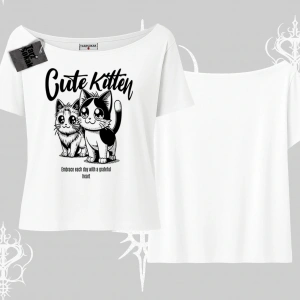 Cute Kitten Yazılı Sevimli Kedi Baskılı Kayık Yaka Tshirt