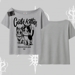 Cute Kitten Yazılı Sevimli Kedi Baskılı Kayık Yaka Tshirt