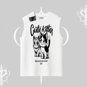Cute Kitten Yazılı Sevimli Kedi Baskılı Kolsuz Tshirt