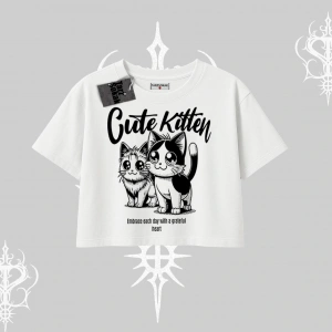 Cute Kitten Yazılı Sevimli Kedi Baskılı Oversize Crop Tshirt