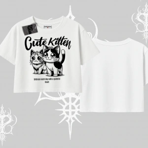 Cute Kitten Yazılı Sevimli Kedi Baskılı Oversize Crop Tshirt