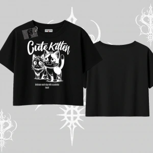 Cute Kitten Yazılı Sevimli Kedi Baskılı Oversize Crop Tshirt