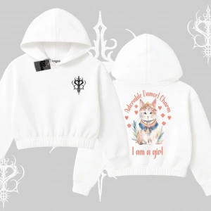 Cute Princess Kedi Tasarımlı Arka Baskılı Kapşonlu Crop Sweatshirt