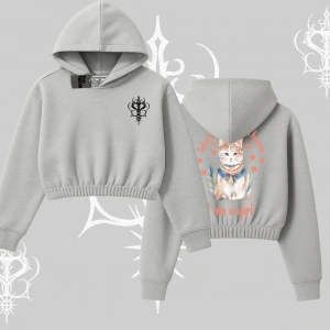 Cute Princess Kedi Tasarımlı Arka Baskılı Kapşonlu Crop Sweatshirt