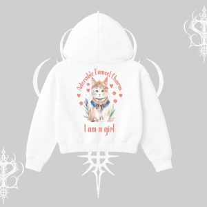 Cute Princess Kedi Tasarımlı Arka Baskılı Kapşonlu Crop Sweatshirt