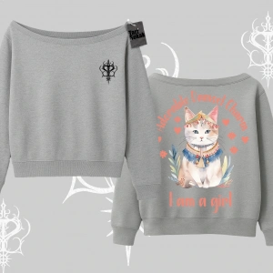 Cute Princess Kedi Tasarımlı Arka Baskılı Kayık Yaka Sweatshirt