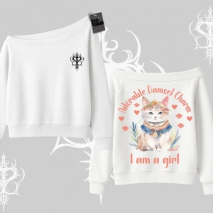 Cute Princess Kedi Tasarımlı Arka Baskılı Kayık Yaka Sweatshirt