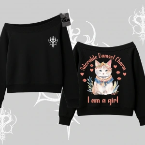 Cute Princess Kedi Tasarımlı Arka Baskılı Kayık Yaka Sweatshirt