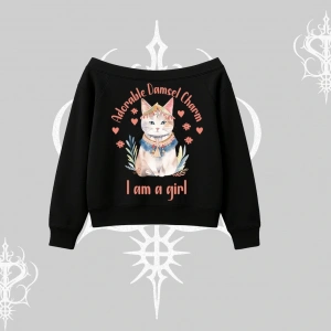 Cute Princess Kedi Tasarımlı Arka Baskılı Kayık Yaka Sweatshirt