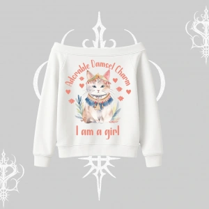 Cute Princess Kedi Tasarımlı Arka Baskılı Kayık Yaka Sweatshirt