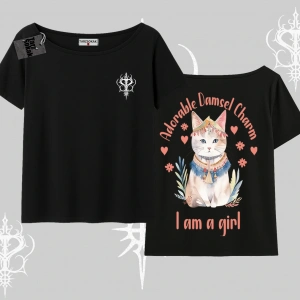 Cute Princess Kedi Tasarımlı Arka Baskılı Kayık Yaka Tshirt