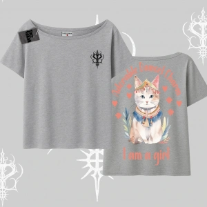 Cute Princess Kedi Tasarımlı Arka Baskılı Kayık Yaka Tshirt