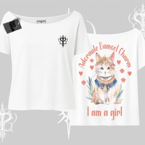 Cute Princess Kedi Tasarımlı Arka Baskılı Kayık Yaka Tshirt