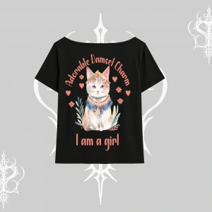Cute Princess Kedi Tasarımlı Arka Baskılı Kayık Yaka Tshirt