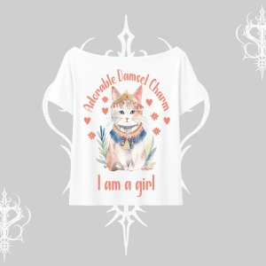 Cute Princess Kedi Tasarımlı Arka Baskılı Kayık Yaka Tshirt