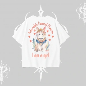 Cute Princess Kedi Tasarımlı Arka Baskılı Oversize Tshirt