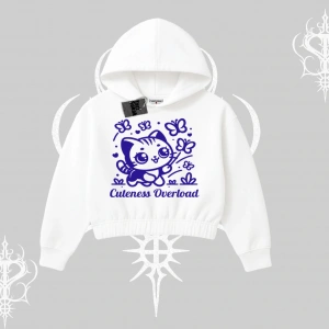Cuteness Overload Kedi Baskılı Kapşonlu Crop Sweatshirt