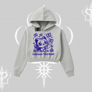 Cuteness Overload Kedi Baskılı Kapşonlu Crop Sweatshirt