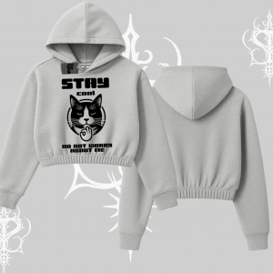 Cuteness Overload Kedi Baskılı Kapşonlu Crop Sweatshirt