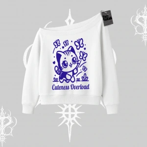 Cuteness Overload Kedi Baskılı Kayık Yaka Sweatshirt