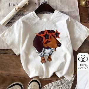 Dachshund Baskı, Yazlık Kadın %100 Pamuklu Kısa Kollu, Beyaz Kısa Kollu, Grafik Tişörtler, Be