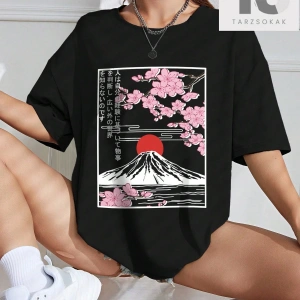 Dağ ve Çiçek Desenli Düşük Omuz Tişört