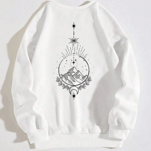 Dağ ve Güneş Desenli Damla Omuz Sweatshirt Beyaz