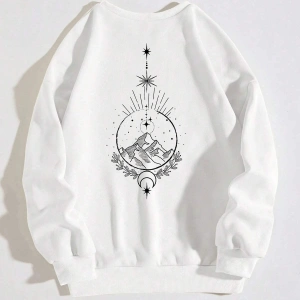 Dağ ve Güneş Desenli Damla Omuz Sweatshirt Beyaz