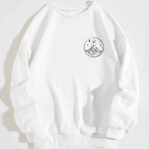 Dağ ve Güneş Desenli Damla Omuz Sweatshirt Beyaz