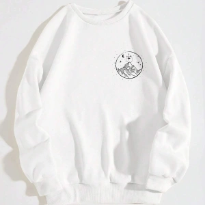 Dağ ve Güneş Desenli Damla Omuz Sweatshirt Beyaz