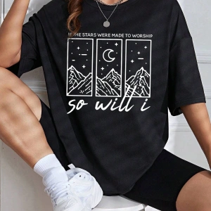 Dağ ve Harf Grafikli Düşük Omuz Tişört