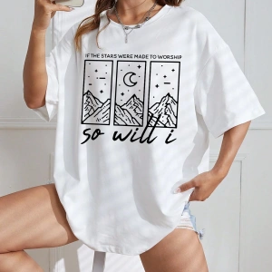 Dağ ve Harf Grafikli Düşük Omuz Tişört