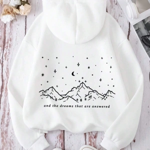 Dağ ve Slogan Grafikli Kanguru Cepli İpli Kapüşonlu Üst Beyaz