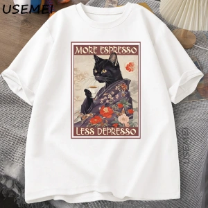 Daha fazla Espresso Daha Az Depresso Esprili T-Shirt Erkek Kadın Siyah Kedi Kahve TPa 3003