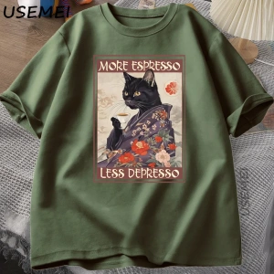 Daha fazla Espresso Daha Az Depresso Esprili T-Shirt Erkek Kadın Siyah Kedi Kahve TPa 3003