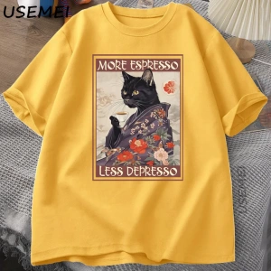 Daha fazla Espresso Daha Az Depresso Esprili T-Shirt Erkek Kadın Siyah Kedi Kahve TPa 3003