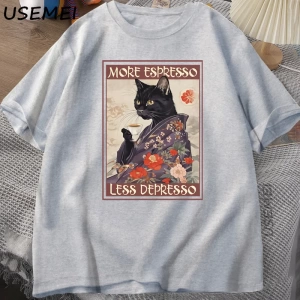 Daha fazla Espresso Daha Az Depresso Esprili T-Shirt Erkek Kadın Siyah Kedi Kahve TPa 3003