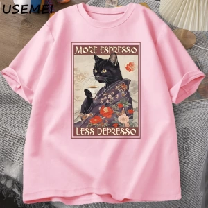 Daha fazla Espresso Daha Az Depresso Esprili T-Shirt Erkek Kadın Siyah Kedi Kahve TPa 3003