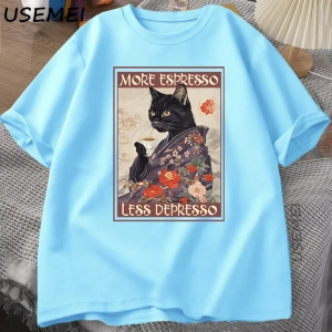 Daha fazla Espresso Daha Az Depresso Esprili T-Shirt Erkek Kadın Siyah Kedi Kahve TPa 3003