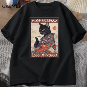 Daha fazla Espresso Daha Az Depresso Esprili T-Shirt Erkek Kadın Siyah Kedi Kahve TPa 3003
