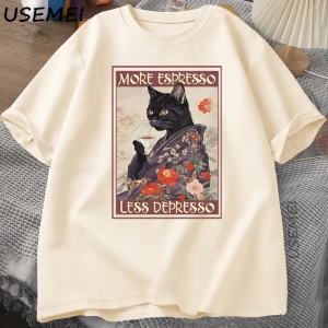Daha fazla Espresso Daha Az Depresso Esprili T-Shirt Erkek Kadın Siyah Kedi Kahve TPa 3003