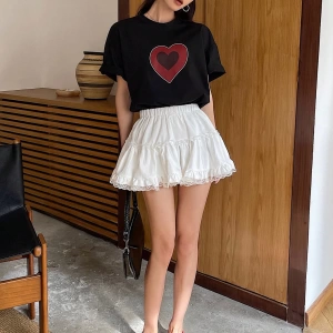 DAZY Bahar Plaj Tatil Stili Kalp Baskılı Bol Günlük Kadın Tişörtü