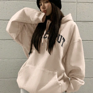 DAZY Harfli Grafik Düşük Omuz Oversize İpli Kapüşonlu Üst Bej