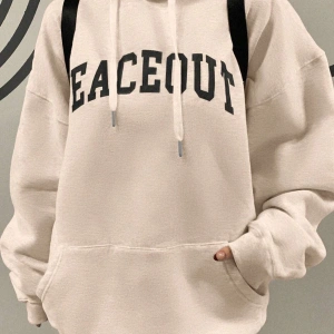 DAZY Harfli Grafik Düşük Omuz Oversize İpli Kapüşonlu Üst Bej